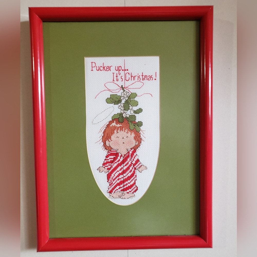 Vintage framed Christmas mistletoe handmade Cross Stitch home decor cute kitsch